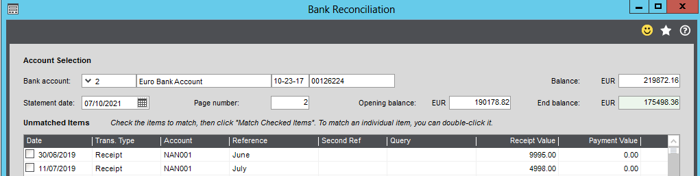 Bank Reconciliation Screen