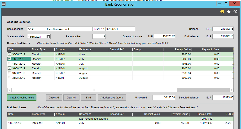 Bank Reconciliation Matched Items