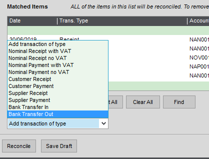 Enter transaction options from Bank Reconciliation window